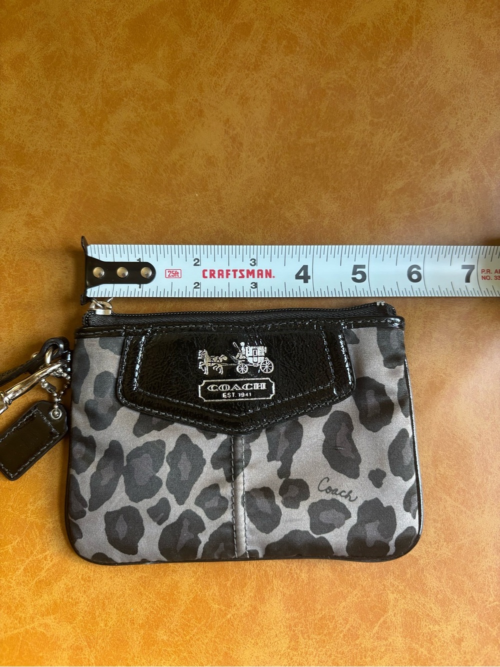 Coach Gray and Black Leopard Print Zip Wristlet Pouch